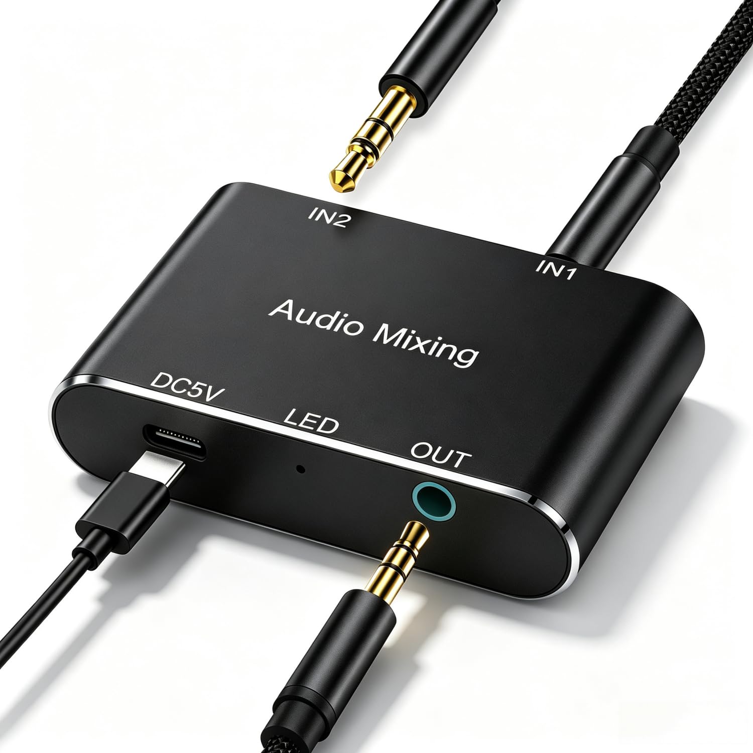 Kicucn 3.5mm オーディオ ミキサー 2チャンネル ステレオAUX ミキサー 2入力1出力 | USB-C給電 超低ノイズ 小型で軽量、1メートルのオーディオケーブル付き 電話、ラップトップ、PC、ヘッドフォン、スピーカー用