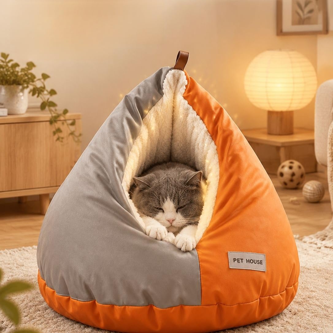猫ハウス ドーム ドーム型 冬用あったか猫ハウス寝袋 猫ベッド ポップコーン生地 保温設計 三角ドーム構造 10kg 以内対応 寒さ対策 | ペットベッド 猫用 クッション ペットマット 猫寝床 ドーム型 隠れ家 リラックス 休息 子猫 成猫 シニア