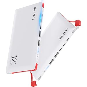 【最新版】 モバイルバッテリー 大容量 12000mAh 2ケーブル内蔵(Lightning+Micro USB内蔵) 4台同時充電 急速充電 軽量 薄型 スマホ バッテリー スマホ充電器 残量表示 PSE認証済 防災グッズ 旅行/出張/地震/アウトドア活動などの必携品 iPhone/iPad/Android対応 (ホワイト)