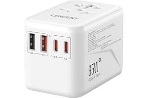 LENCENT Universal Travel Adapter, GaN3 65W International Charger with 2 QC4.0 USB-A+ 2 PD3.0 Type-C PPS Fast Charging, Worldwide Overseas Outlet Adaptor for iPhone,Laptops, USA/UK/EU/AUS White