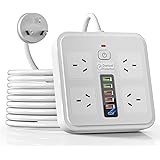 AUSELECT Powerboard USB, 10IN1 Power Strip USB C, Power Board Surge Protector with 4-Outlets, 2Meter Power Extension Cord wit