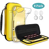 GeeRic スイッチライト 対応 ケース【保護セット】 Switch Lite 対応 シリコン ケース +Switch Lite 対応 ガラスフィルム 2枚 +Switch Lite 対応 収納 ハードケース +親指キャップ 4個入り スイッチ ライト 対応 収納 カバー 黄色い