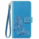 ESTIKI万屋-JP(工場直販品質保証) 適用Redmi 12 5G兼用ケース 手帳型 革製 Redmi 12 5G クローバー柄デザイン カバー ストラップ付き カード収納型レザーケース 適用機種:Redmi 12 5G ブルー