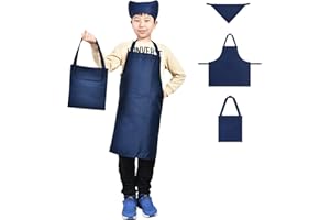 [aceyoon] エプロン 子供用 男の子 女の子 キッズ用エプロン 家庭科 小学生 身長140cm～160cmに対応 三角巾 巾着バッグ 超お得な3点セット 男女兼用 ユニセックス子供 無地 着脱簡単 Kids Apron and Chef Ha