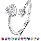 Step Forward 925 Sterling Silver Birthstone Rings for Women Adjustable Open Heart Stones Constellation Month Ring Birthday Gi