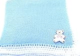 ニットかぎ針編みFinishedブルーコットンホワイトトリムBaby Blanket withホワイトBear