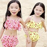 子供 女の子　水着上下　2点セット　水着セット　ビキニ　大人っぽい　チェリー柄　ドット柄　可愛い キッズ 水着 超人気　スイミング スクール スイムウェア　4色　XS/S/M/L (L, イエロー)