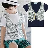 【 韓国スタイル子供服】 夏新作セットアップTシャツ　キッズ /半袖 男 の子/可愛い 葉柄 プリント全2色100/110/120/130/140 Navy,140cm