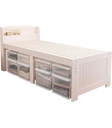 Amazon.co.jp: 高さ3段階調節 すのこベッド シングル ハイタイプ 棚