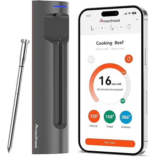 Meatmeet S Pro Bluetooth Wireless Meat Thermometer, with 6 Sensors Build in, Long Range, Smart App Monitoring with Timer & Al