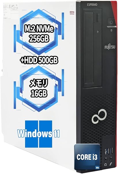 【整備済み品】 デスクトップパソコン 富士通 ESPRIMO D588/上位 第9世代 Core i3-9100/メモリ 16GB/高速M.2 NVMe SSD 256GB+HDD 500GB Windows11&Ms Office2021/DVDドライブ/DisplayPort/マルチ画面対応/初期設定済 - 1