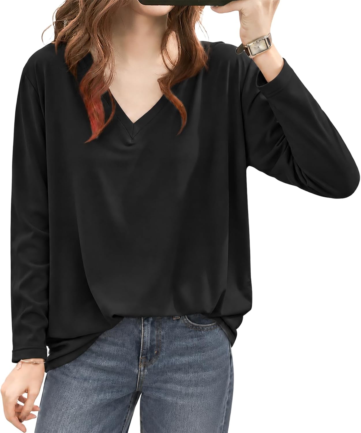 [CAMPURE] tシャツ ティーシャツ レディース 長袖 Vネック 【体形カバー】 | 【首元をスッキリ美しく！体が薄く見える】 長袖tシャツ トップス 秋 大きいサイズ 小顔効果 重ね着 ゆったり ロングt おしゃれ 無地
