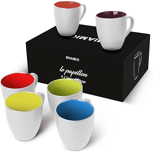 MIAMIO - 6 x 350 ml Stoneware Coffee Mug/Cup Set - Le Papillon Collection (White-Colourful)