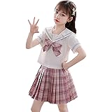 [AOLIPT] 子供服 女の子 セットアップ キッズ 半袖 セーラー服 プリーツスカート ミニ チェック柄 かわいい ガールズ 制服 スクール JK コスプレ
