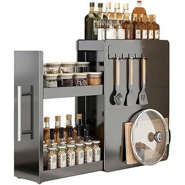 外箱傷の為格安⭐️新品 キッチンラック 調整可能 おしゃれ コンセント付き 黒 キッチンカウンター(幅83cm) レンジ収納に ロータイプ スライド