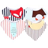 Limi ベビー用 女の子 男の子 三角 よだれかけ スタイ ビブ 4枚組 かわいい 動物形 ボーダー 綿100% スナップボタン式 サイズ調整可能
