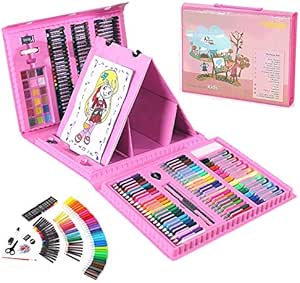 Aoonux お絵かきセット 色鉛筆 176ピース 絵の具セット 水性色鉛筆 クレヨン カラーサインペン 画板付き 油性色鉛筆 塗り絵 描き用 収納 携帯便利 ペン セット 子供 (ピンク)