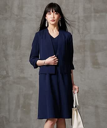 Amazon Nissen ニッセン 長袖 手洗いok とろみ素材を軽やかに仕立てたワンピーススーツ カラーレスジャケット 七分袖ワンピース レディーススーツ ワンピーススーツ 通販