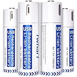 USB充電式電池　単3形（AA）　1500mAh大容量リチウムイオン充電池　マイクロUSB充電ケーブル付　パワーバンクによる1時間で急速充電　パワーソケット　自動車用　by Twharf（4本パック）