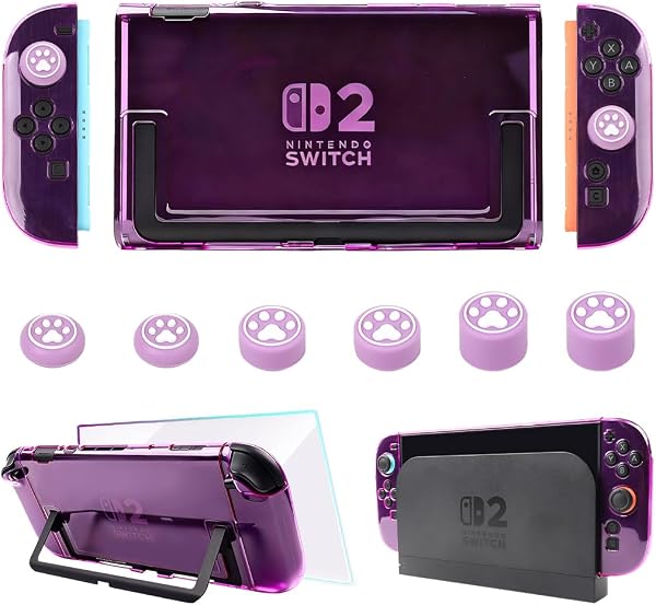 RALAN Nintendo Switch 2 カバー ニンテンドースイッチ 2 カバー ドック対応 +Switch 2ガラスフィルム1枚+6親指キャップ TPU製ソフトケース ジョイコンカバー クリア ケース 可愛い透明パープルデザイン 超薄 分体式 全面保護 分解簡単 指紋防止 気泡ゼロ 高透過率 高感度【クリア アトミックパープル&ローズレッド】 (透明パープルデ) - 1