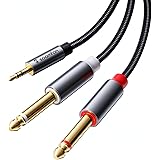 Aux3.5mm 6.35mm 変換ケーブル 1.5M - SOOMFON 3.5mm(オス) to 6.35mm*2(オス) モノラルケーブル ミニプラグ 変換 オーディオケーブル 赤白 Y型 分岐 高耐久性ナイロン編み HIFI音質 24K金メッ