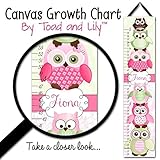 Personalized Kidsキャンバス成長チャートピンクとグリーンStacked Up Owl FriendsダマスクBaby Girls NurseryキャンバスGrowth Chart gc