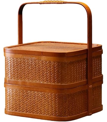 Amazon｜自然素材にこだわったかご 竹 かご ハンドル付き 二段 重箱