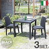 【イタリア製】 Felice(フェリーチェ) ガーデン3点セット ブラック ＜肘なしチェア×2、80×80テーブル×1＞