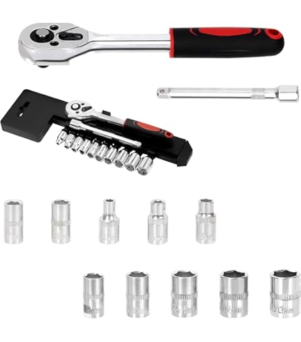 Tanstic 12-Piece 1/4-Inch Ratchet Socket Wrench Set – 4-13mm Metric Sockets, Quick-Release Ratchet, 100mm Extension Bar, Chrome Vanadium Steel, Storage Rack Included