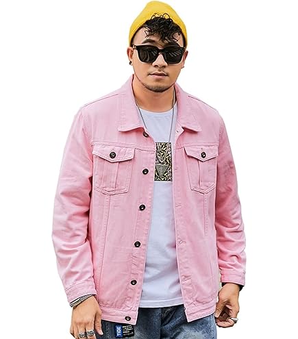 Amazon.co.jp: メンズデニムジャケット 春と秋のメンズピンクのデニム