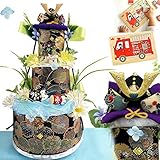 端午の節句限定品おむつケーキ『源武』３段型。ちりめん細工の兜と鯉のぼり,節句祝い[乗り物木製パズルプレゼント] 　L
