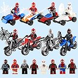 Marvel 8pcsスパイダーマンwith 8pcs車オートバイバイクミニフィギュアSuper HeroesスパイダーマンレンガKids Toys Mini Figures Building Blo