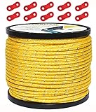【Amazon限定ブランド】テントロープ ガイロープ 4mm 反射 パラコード タープロープ ガイライン 自在金具付き 50M/30M アルミ自在金具 ボビン巻 継ぎ目なしノーカット キャンプロープ 3ｍｍ 4mm 5mm タープ用ロープ (イエロー（直径4ｍｍ）)