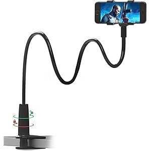スマホホルダー クリップ式 【令和改善版】フレキシブルアーム 充電ホルダー 360度回転 角度調整可能 携帯電話用卓上ホ…