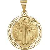 FB JEWELS 14K イエローゴールド 18mm ラウンド 中空 聖ベネディクトメダル, チタン シルバー