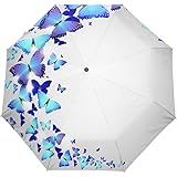 ユキオ(UKIO) 折り畳み傘 軽量 自動開閉 レディース 傘 梅雨対策 UVカット 日傘 蝶々 青い 頑丈な8本骨 耐強風 撥水 三つ折り 丈夫 収納ケース付 携帯用傘