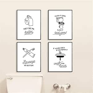 Amazon 面白いトイレポスターバスルームキャンバス絵画壁アートスカンジナビアスタイル白黒写真洗面所家の壁の装飾30x40cmx4フレームなし ウォールステッカー オンライン通販