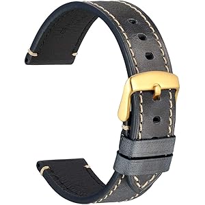 [WOCCI]時計ベルト18mm ヴィンテージレザー替えベルト レトロ本革腕時計バンド ゴールドバックル(濃紺)