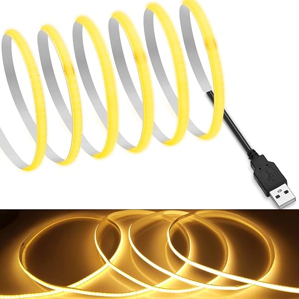【RYE】 COB テープライトLEDストリップライトフレキシブル 高密度 幅5mm 隠れたLEDテープライト1m 320LEDs/m 電球色2700K DC5V 180°発光CRI>=90,両面テープ変形可能 切断可能 寝室 キッチンホーム オフィス屋内装飾 (2700K,1m) - 1