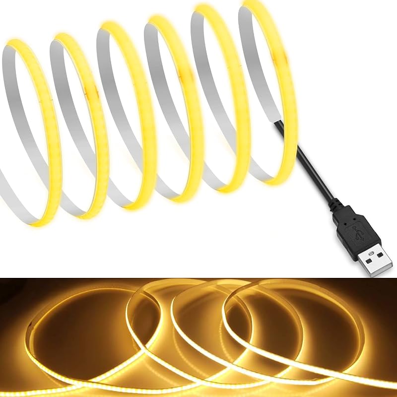 【RYE】 COB テープライトLEDストリップライトフレキシブル 高密度 幅5mm 隠れたLEDテープライト1m 320LEDs/m 電球色2700K DC5V 180°発光CRI>=90，両面テープ変形可能 切断可能 寝室 キッチンホーム オフィス屋内装飾 (2700K,1m)