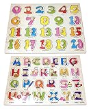 【KUENTAI】木製パズル 子供 知育玩具 数字・図形・果物・野菜・動物・×数字 アルファベット カラフル プレゼントにも おもちゃ キッズ 赤ちゃん 8種類 (数字&アルファベット)