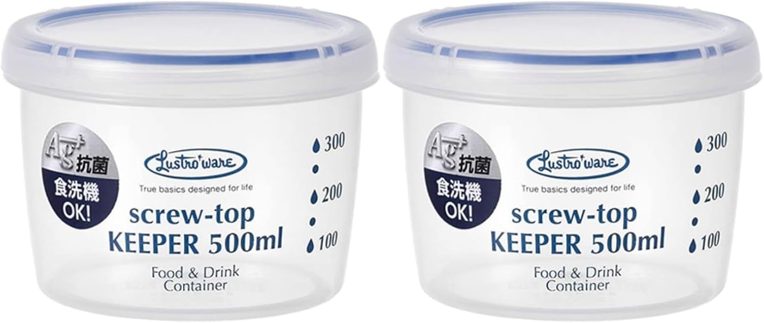岩崎工業 ラストロウェア スクリュートップキーパー 500ml 浅型 2個セット 強力密封 Ag 抗菌 レンジ対応 食洗機対応 目盛付き 直径10.9×高さ7.9cm