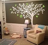PopDecors - Big Tree with Love Birds (100 W) White Tree and Lime Green Birds- Beautiful Tree Wall De