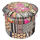 Stylo文化Indian床Ottoman Poufカバーラウンドパッチワーク刺繍Pouffe Ottomanカバーブラックコットンフローラル従来家具Footstool Seatパフカバー( 16 x