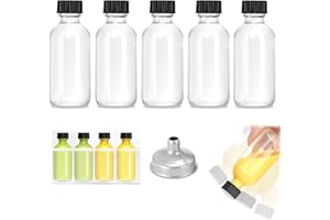 STORE 2508 5 Pcs Small Clear Glass Bottles (60ml) with Lids & 1 Stainless Steel Funnel - Leakproof Round Bottles