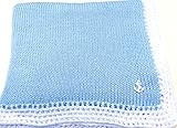 ニットかぎ針編みFinishedブルーコットンホワイトトリムBaby Blanket withアンカー