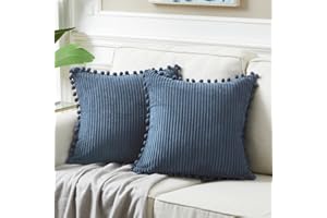 Fancy Homi Set of 2 Dusty Blue Decorative Throw Pillow Covers 12x12 Inch with Pom-poms for Couch Bed Sofa, Modern Farmhouse Boho Home Decor, Soft Plush Corduroy Cute Cushion Case 30x30 cm