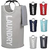 WISHPOOL ランドリーバスケット 洗濯物入れ 折り畳み式 撥水加工 防水 取っ手付き 容量81L 耐荷重15KG 収納袋 幅38×高さ72(cm) (シルバーグレー)