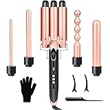 OBVHNUA 5 in 1 Hair Curler 3 Barrel Curling Wand 9-32 mm Ceramic Curling Iron 80-230 °C Adjustable Temperature with LCD Displ