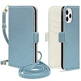 MAGICASE for いphone12 ケース 手帳型 iPhone12ケース手帳型 おしゃれ ショルダー スマホケースiphone12 財布型 女性 肩掛け iPhone12 Pro ケース 手帳型 マグネット式 カード収納 スタンド機能 アイホン12ケース手帳型 高級PUレザー 耐衝撃 軽量 放熱性 全面保護 携帯ケースあいほん12 大人 人気 6.1インチ適応（ブルー メ アイボリー）